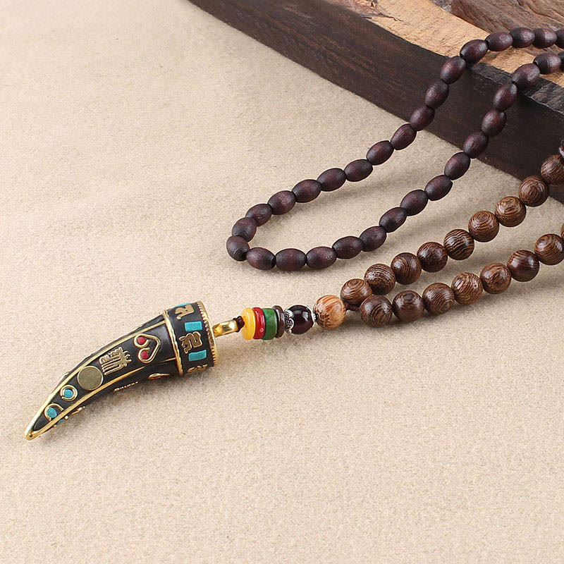 Tibet Wenge Wood Om Mani Padme Hum OM Symbol Mantra Horn Pattern Protection Necklace Pendant