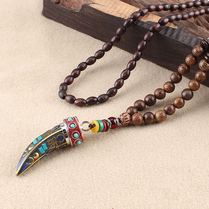 Tibet Wenge Wood Om Mani Padme Hum OM Symbol Mantra Horn Pattern Protection Necklace Pendant