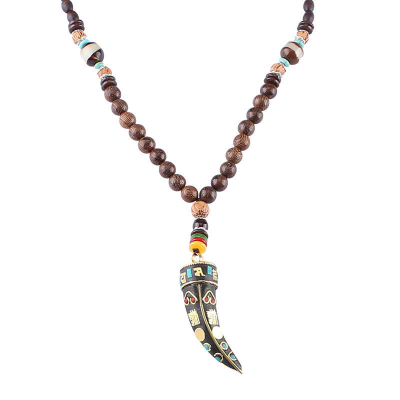 Tibet Wenge Wood Om Mani Padme Hum OM Symbol Mantra Horn Pattern Protection Necklace Pendant