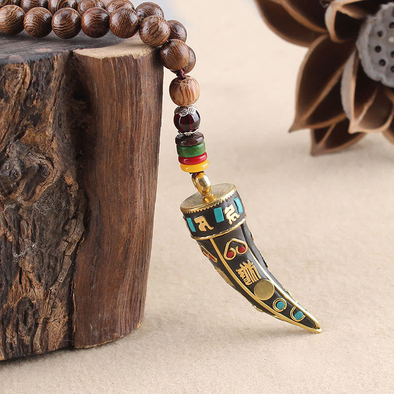 Tibet Wenge Wood Om Mani Padme Hum OM Symbol Mantra Horn Pattern Protection Necklace Pendant