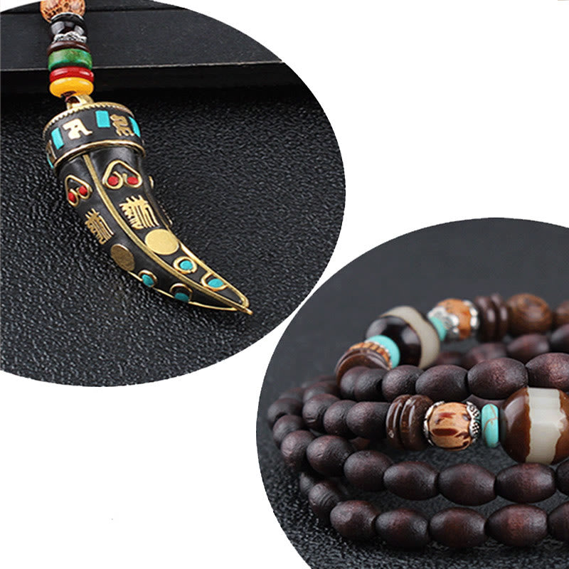 Tibet Wenge Wood Om Mani Padme Hum OM Symbol Mantra Horn Pattern Protection Necklace Pendant