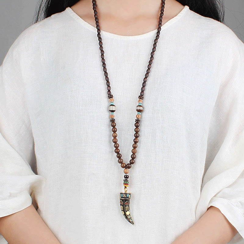Tibet Wenge Wood Om Mani Padme Hum OM Symbol Mantra Horn Pattern Protection Necklace Pendant
