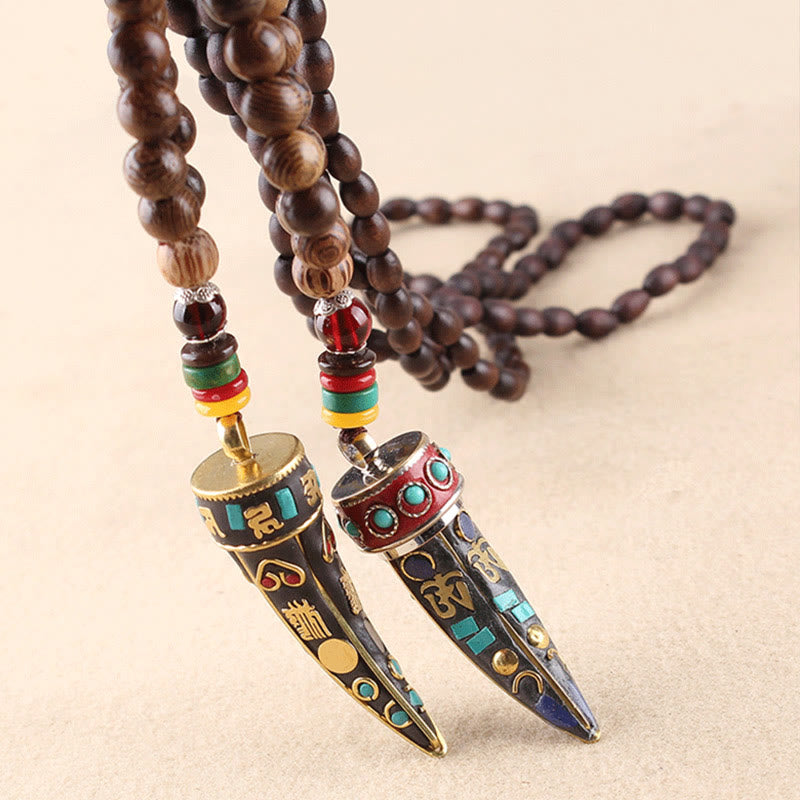 Tibet Wenge Wood Om Mani Padme Hum OM Symbol Mantra Horn Pattern Protection Necklace Pendant