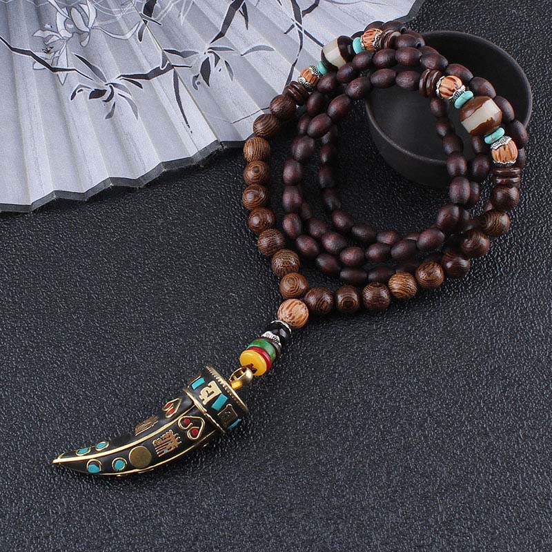 Tibet Wenge Wood Om Mani Padme Hum OM Symbol Mantra Horn Pattern Protection Necklace Pendant