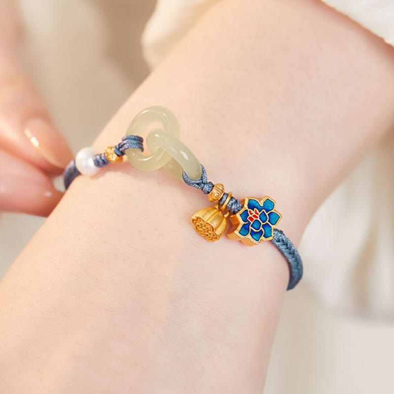 Hetian Jade Lotus Peace Buckle Braided Rope Fortune Bracelet