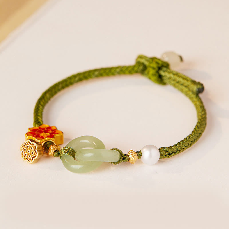 Hetian Jade Lotus Peace Buckle Braided Rope Fortune Bracelet