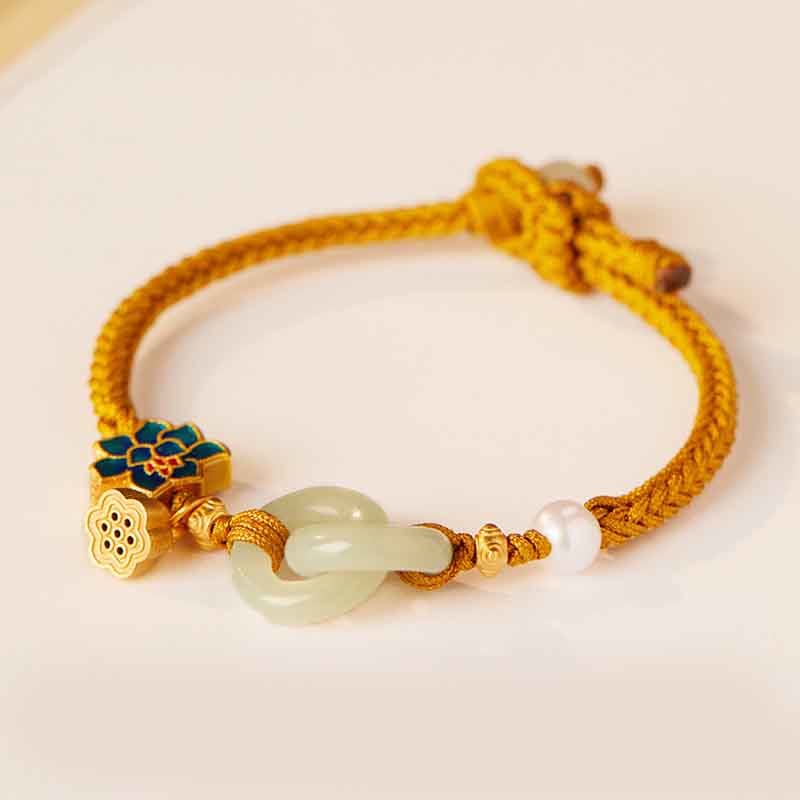 Hetian Jade Lotus Peace Buckle Braided Rope Fortune Bracelet