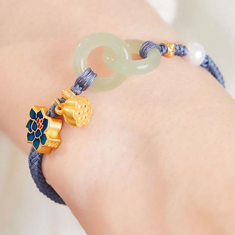 Hetian Jade Lotus Peace Buckle Braided Rope Fortune Bracelet
