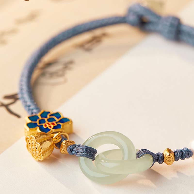 Hetian Jade Lotus Peace Buckle Braided Rope Fortune Bracelet