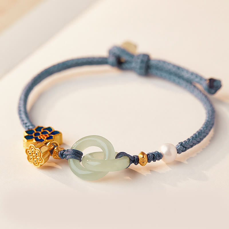 Hetian Jade Lotus Peace Buckle Braided Rope Fortune Bracelet