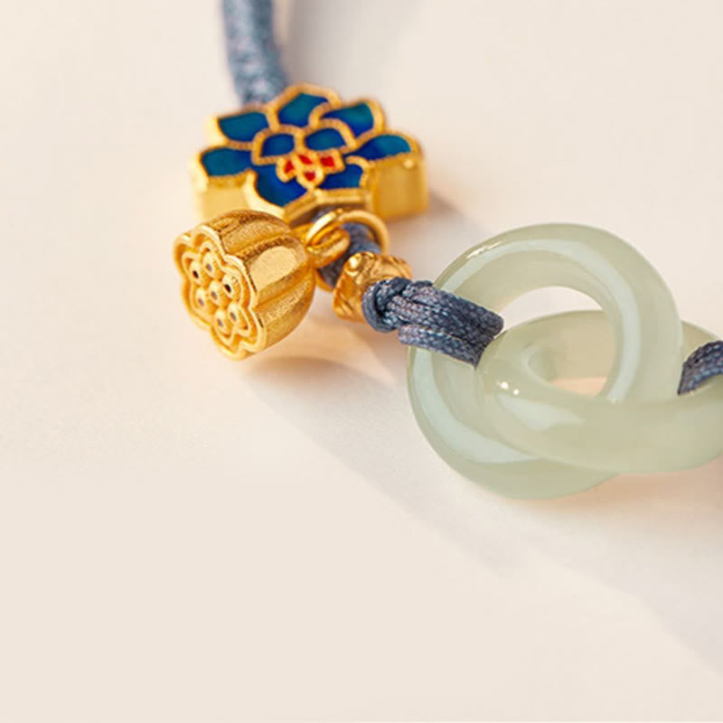 Hetian Jade Lotus Peace Buckle Braided Rope Fortune Bracelet