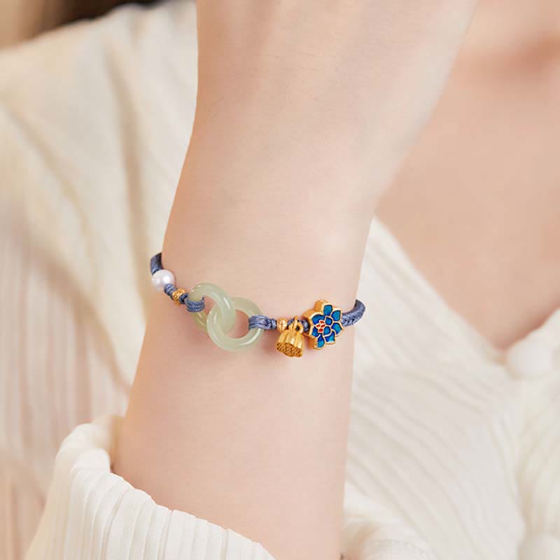Hetian Jade Lotus Peace Buckle Braided Rope Fortune Bracelet