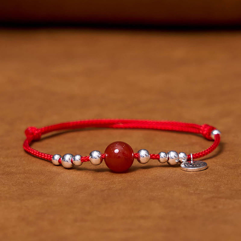 Handmade 925 Sterling Silver Fu Character Red Agate Fortune Braided Ultra-Thin Rope Bracelet