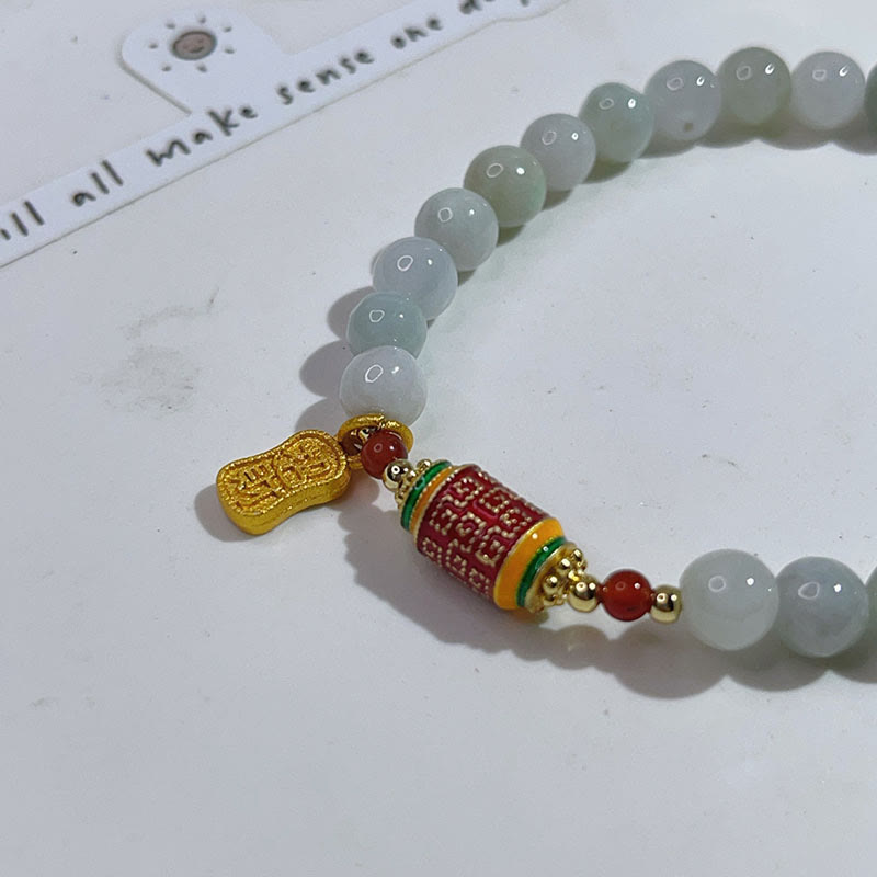 Tibetan Natural Jade Fu Character Prayer Wheel Prosperity Abundance Bracelet
