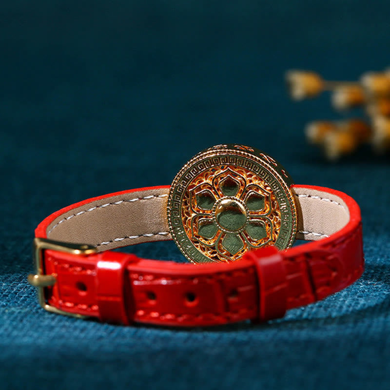 Six True Words Eight Treasures Compass Jade 24K Gold Plated Luck Leather Bracelet