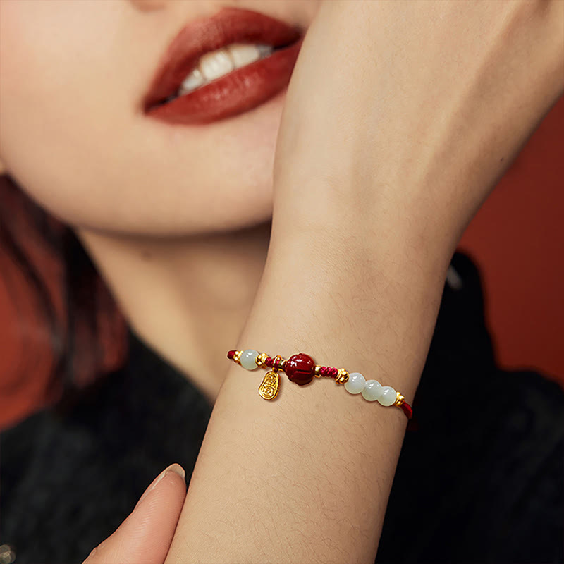 Fu Character Jade Cinnabar 24K Gold Plated Luck Red String Bracelet