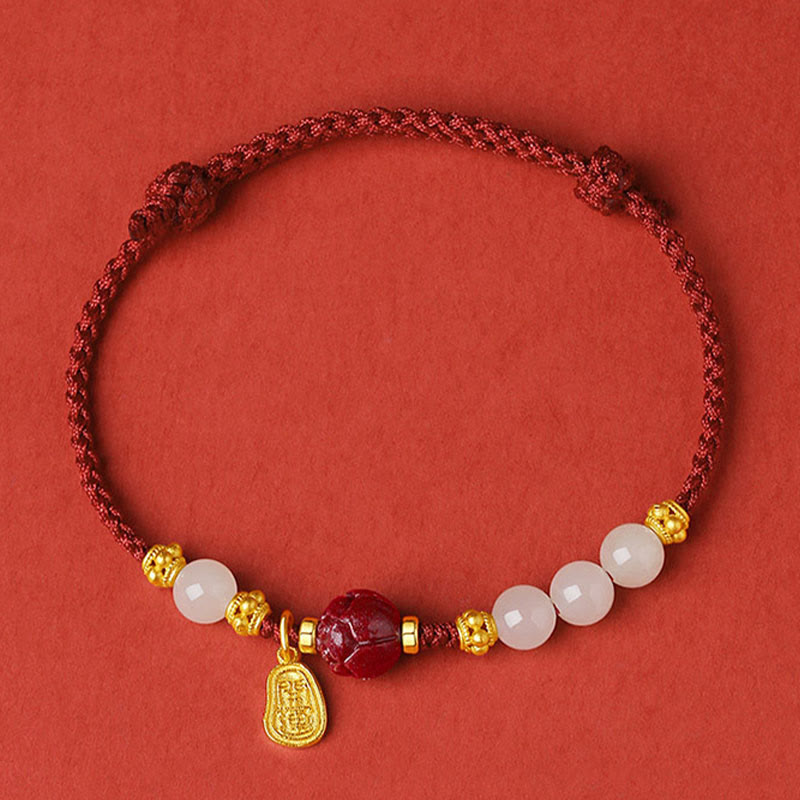 Fu Character Jade Cinnabar 24K Gold Plated Luck Red String Bracelet