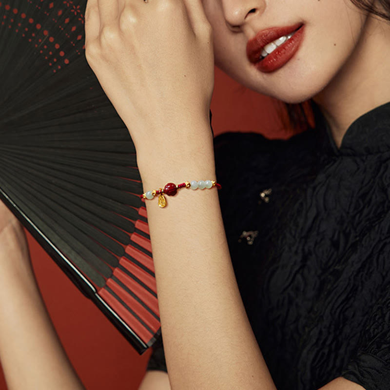 Fu Character Jade Cinnabar 24K Gold Plated Luck Red String Bracelet
