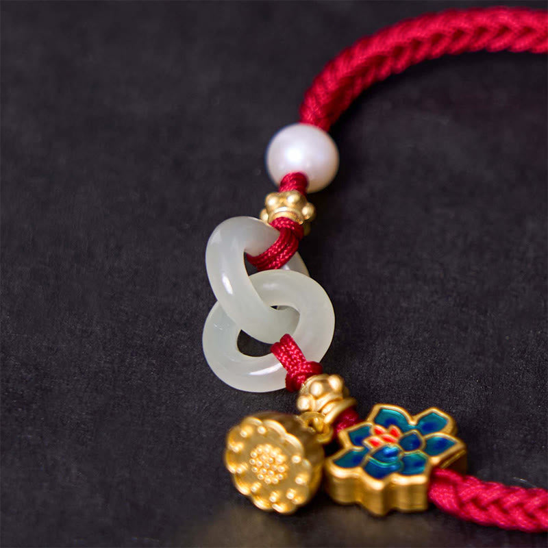Hetian Jade Lotus Peace Buckle Braided Rope Fortune Bracelet
