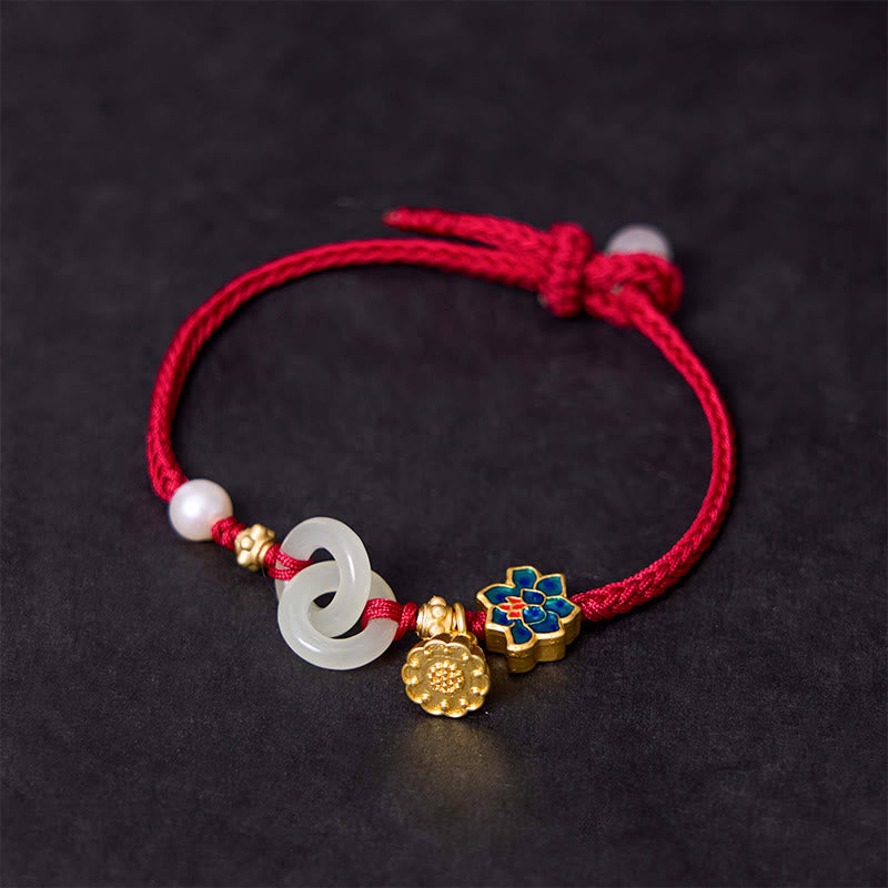 Hetian Jade Lotus Peace Buckle Braided Rope Fortune Bracelet