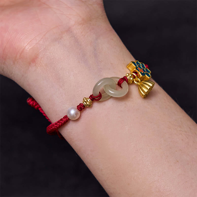 Hetian Jade Lotus Peace Buckle Braided Rope Fortune Bracelet