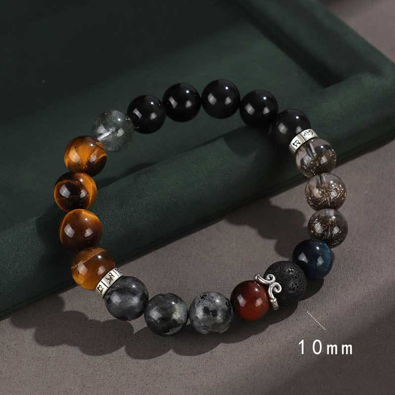 925 Sterling Silver Black Onyx Gold Sheen Obsidian Lava Rock Tiger Eye Six True Words Wealth Protection Bracelet