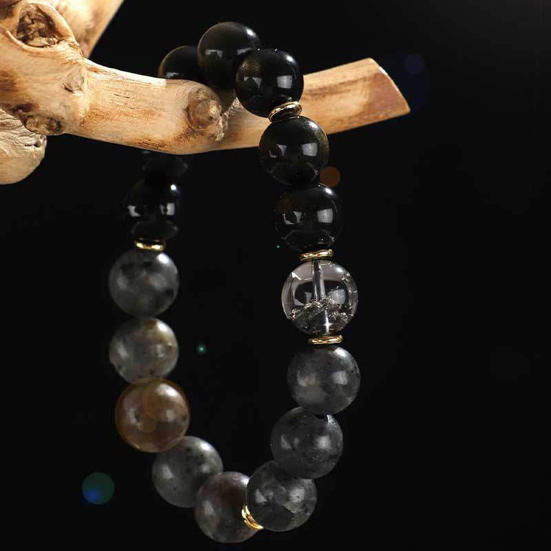 925 Sterling Silver Black Onyx Gold Sheen Obsidian Lava Rock Tiger Eye Six True Words Wealth Protection Bracelet