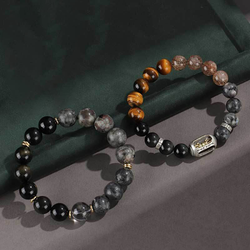 925 Sterling Silver Black Onyx Gold Sheen Obsidian Lava Rock Tiger Eye Six True Words Wealth Protection Bracelet