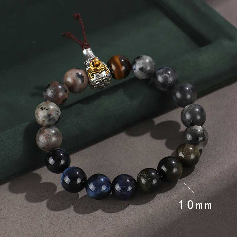 925 Sterling Silver Black Onyx Gold Sheen Obsidian Lava Rock Tiger Eye Six True Words Wealth Protection Bracelet