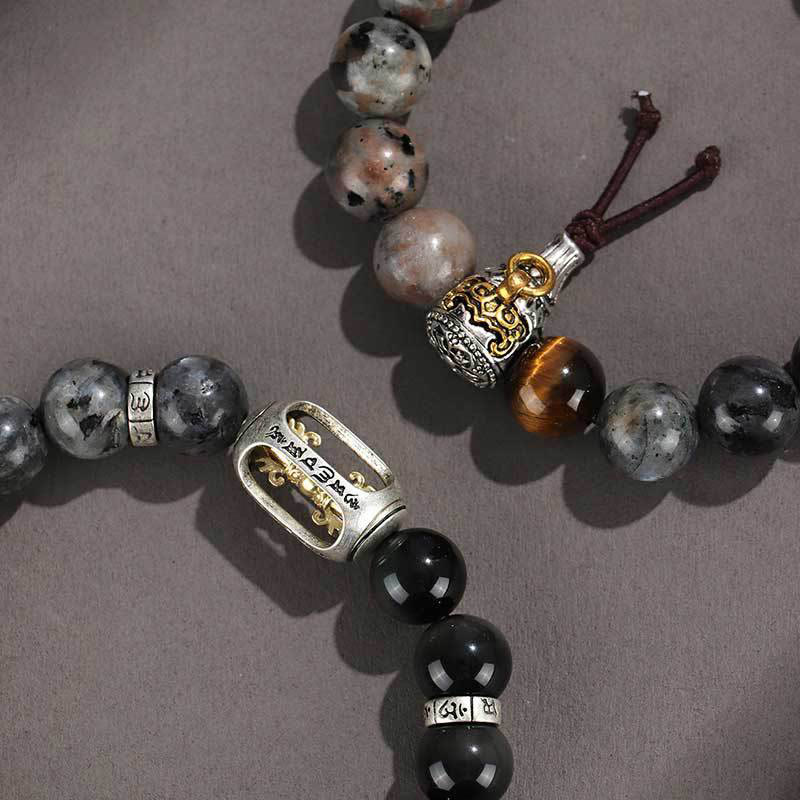 925 Sterling Silver Black Onyx Gold Sheen Obsidian Lava Rock Tiger Eye Six True Words Wealth Protection Bracelet