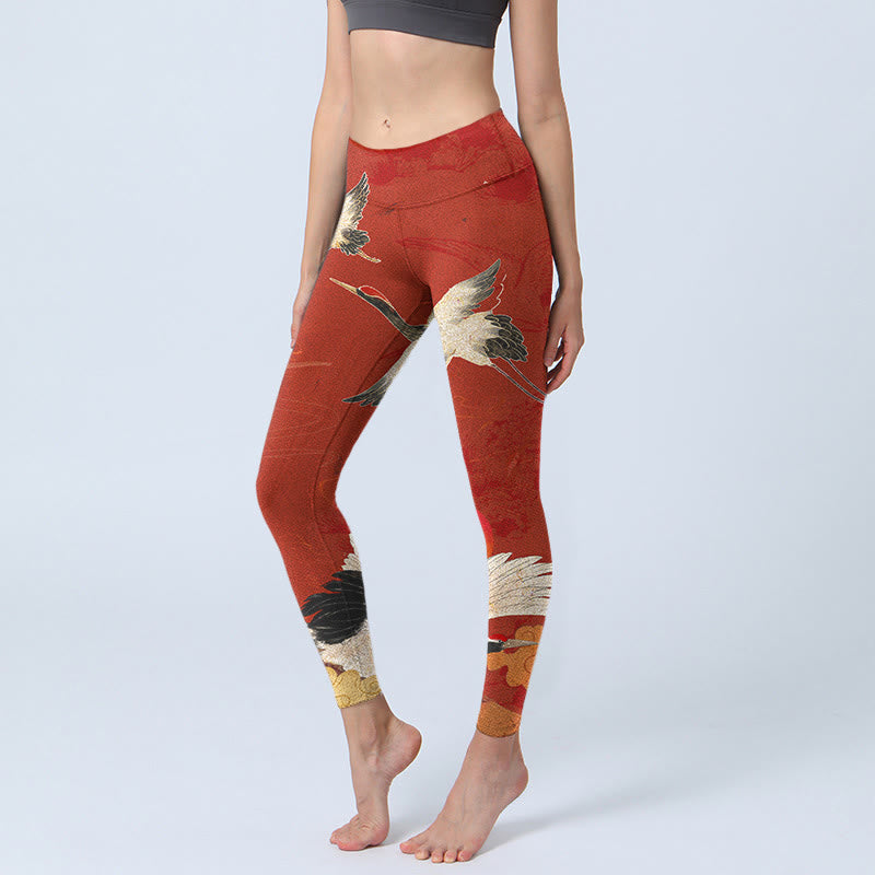 Crane Print Lycra Fabric Fitness Leggings Women's Yoga Pants