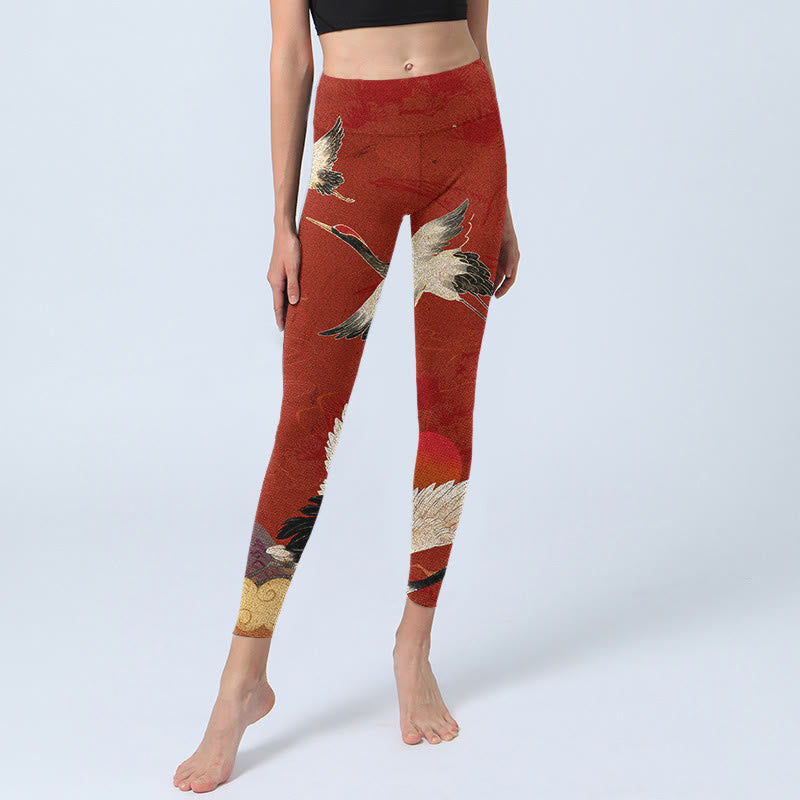 Crane Print Lycra Fabric Fitness Leggings Women's Yoga Pants