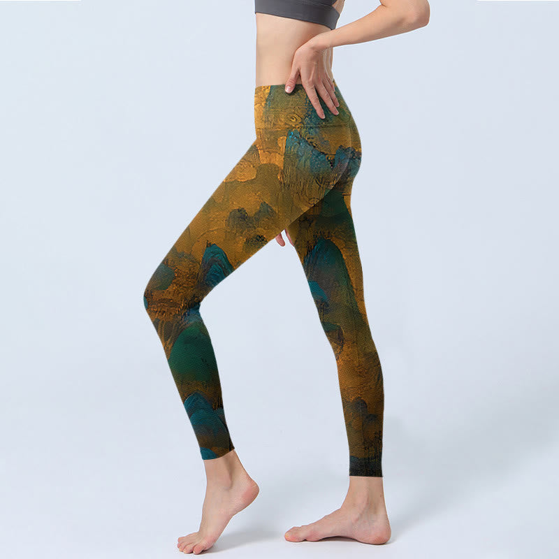 Dark Goldenrod Mountain Print Fitness Leggings Women's Yoga Pants