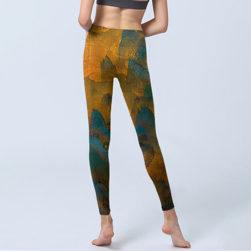 Dark Goldenrod Mountain Print Fitness Leggings Women's Yoga Pants