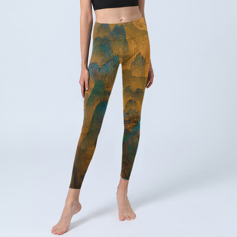 Dark Goldenrod Mountain Print Fitness Leggings Women's Yoga Pants