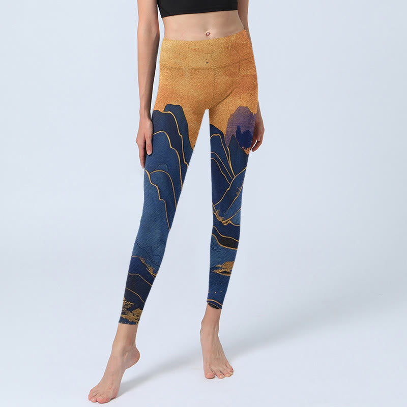 Dark Blue Mountain Sunset Print Fitness Leggings Women's Yoga Pants