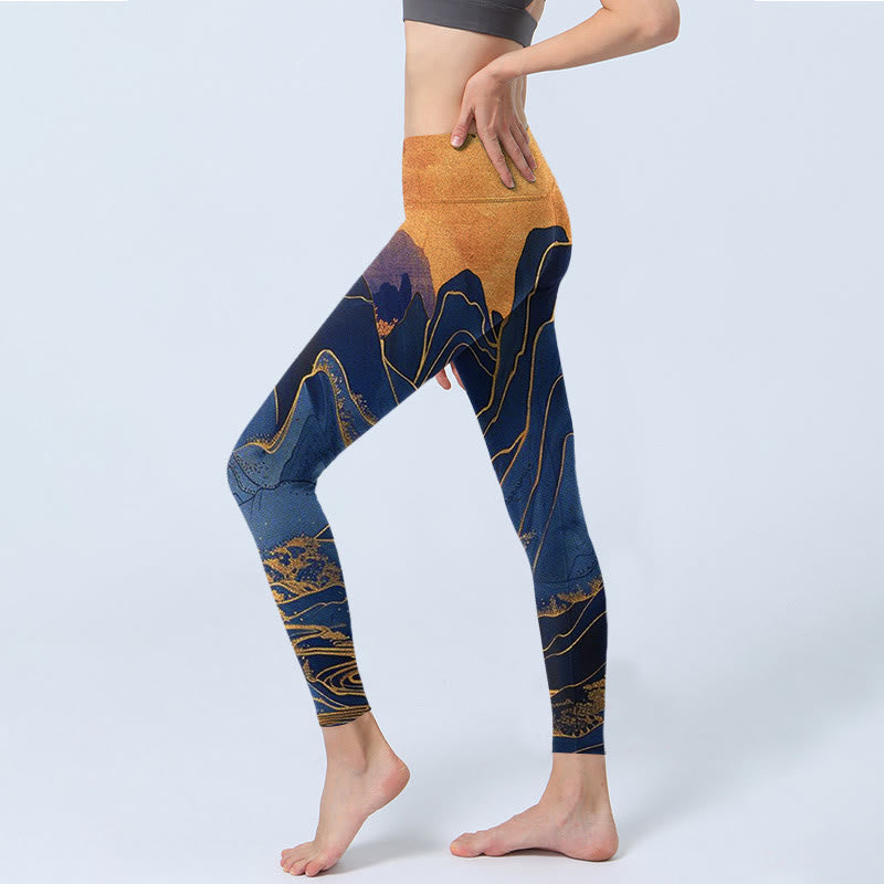 Dark Blue Mountain Sunset Print Fitness Leggings Women's Yoga Pants