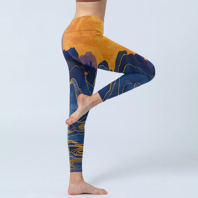 Dark Blue Mountain Sunset Print Fitness Leggings Women's Yoga Pants