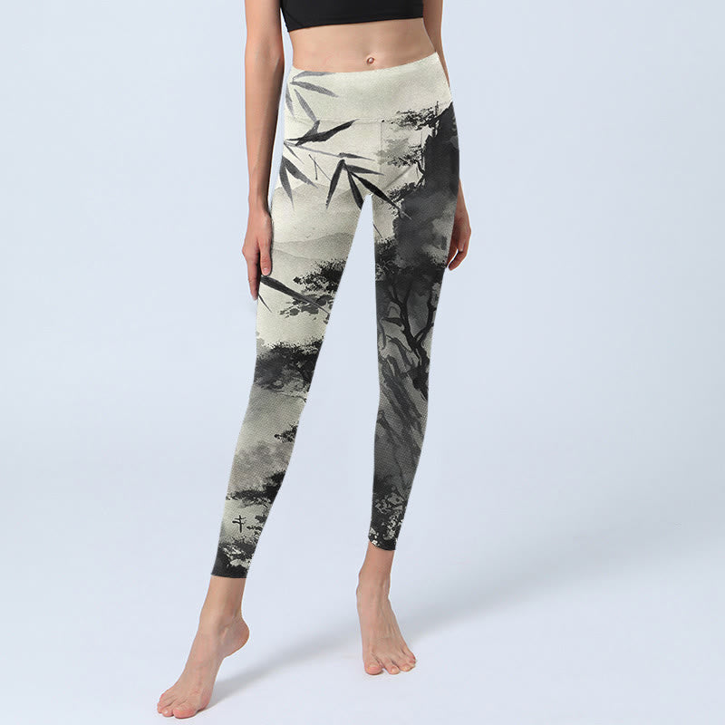 Ink Bamboo Pine Mountains Print Gym Leggings Women's Yoga Pants