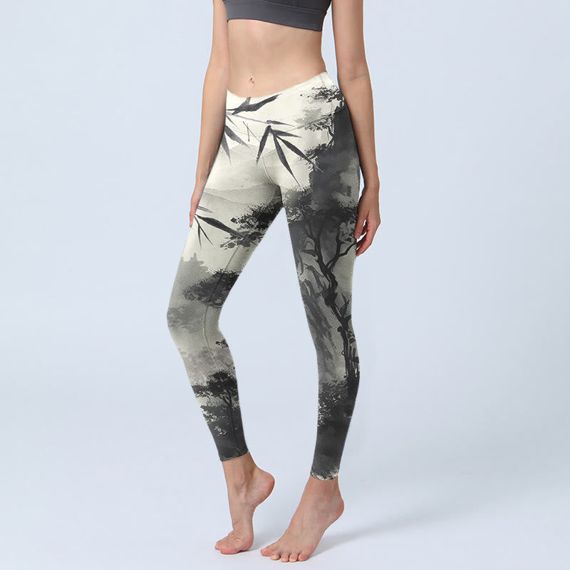 Ink Bamboo Pine Mountains Print Gym Leggings Women's Yoga Pants