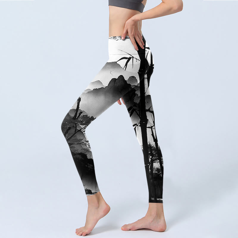 Ink Painting Bamboo Pine Mountain Scenery Print Gym Leggings Women's Yoga Pants