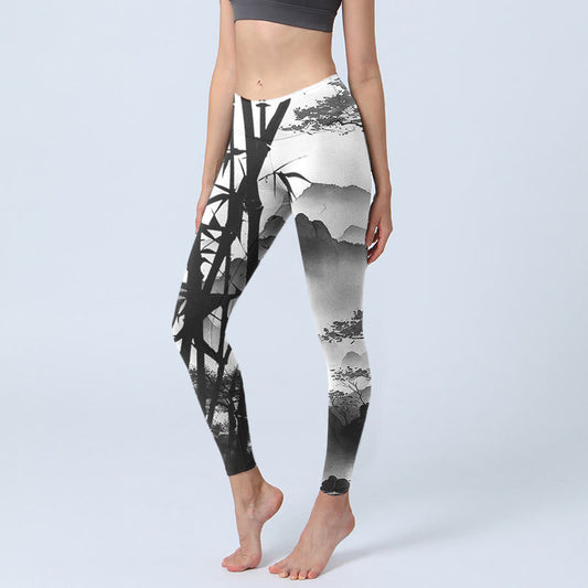 Ink Painting Bamboo Pine Mountain Scenery Print Gym Leggings Women's Yoga Pants