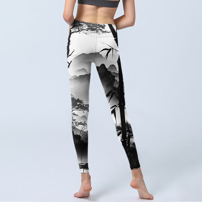 Ink Painting Bamboo Pine Mountain Scenery Print Gym Leggings Women's Yoga Pants