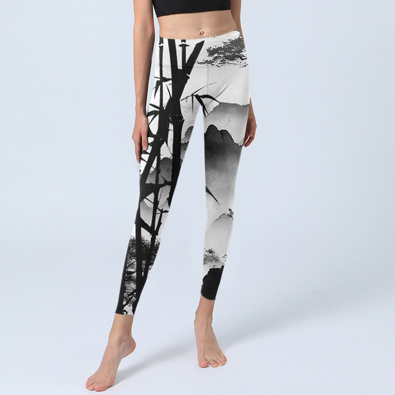 Ink Painting Bamboo Pine Mountain Scenery Print Gym Leggings Women's Yoga Pants