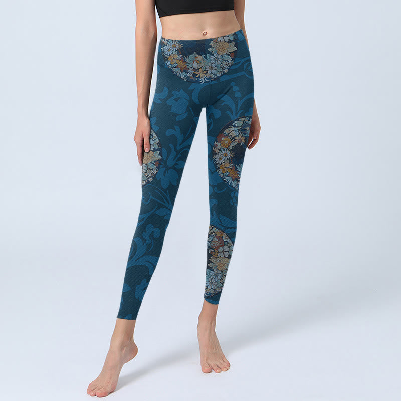 Dark Blue Flowers In Bloom Print Sports Leggings Women's Yoga Pants