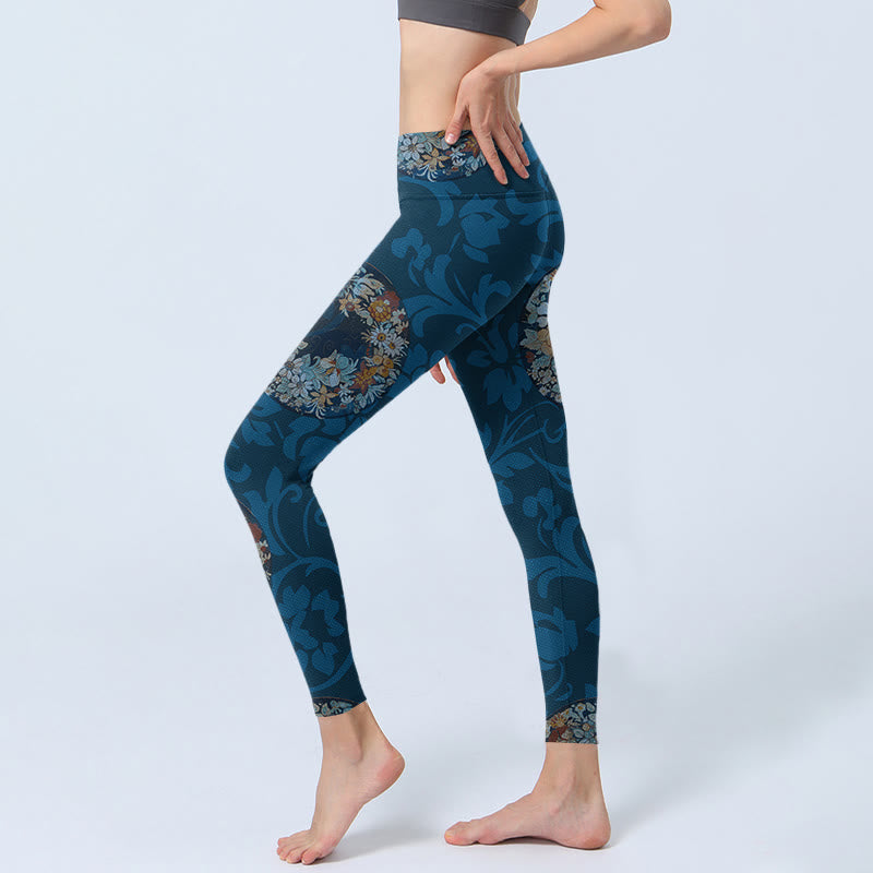 Dark Blue Flowers In Bloom Print Sports Leggings Women's Yoga Pants