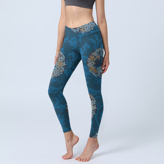 Dark Blue Flowers In Bloom Print Sports Leggings Women's Yoga Pants