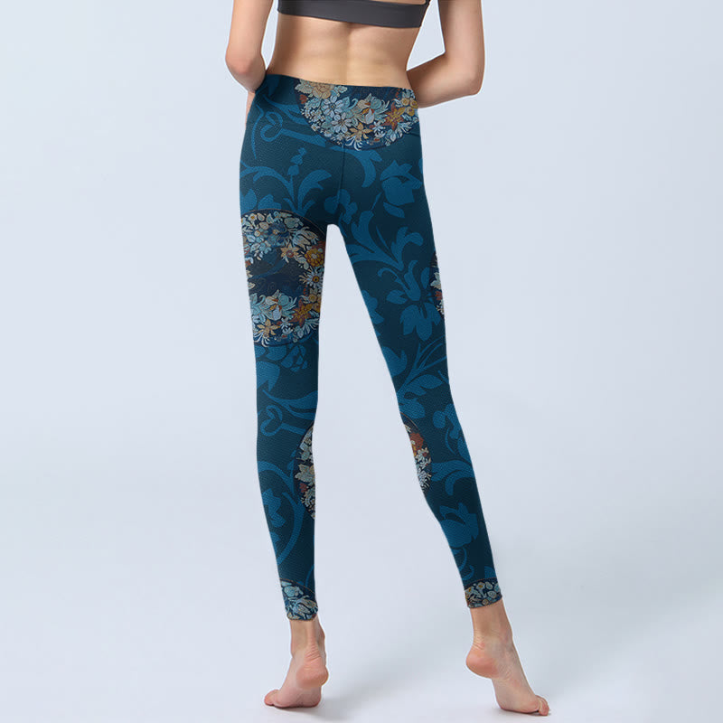 Dark Blue Flowers In Bloom Print Sports Leggings Women's Yoga Pants