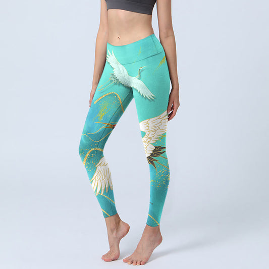 Mint Green Mountain Crane Print Fitness Leggings Women's Yoga Pants