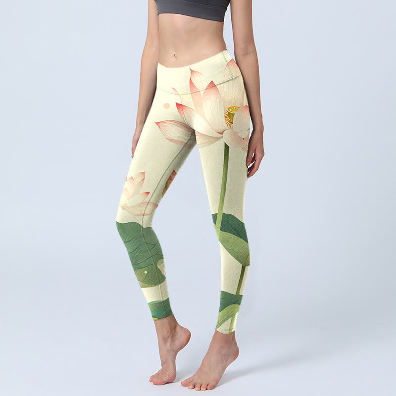Lotus Flower Leaf Dragonfly Print Fitness Leggings Women's Yoga Pants